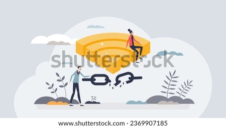 Digital disconnect and exit internet technology for detox tiny person concept. Connection lost because of wifi maintenance or wireless breakdown vector illustration. Leave social media for relaxation