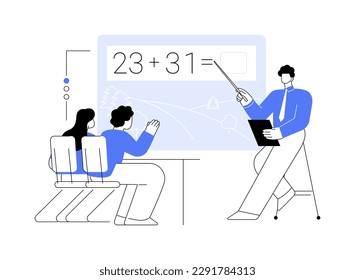 Abstrakte digitale Darstellung, Vektorgrafik. Lehrer mit Kindern im virtuellen Klassenzimmer, intelligente Klassen, Videokonferenzen, Datenvisualisierungen, abstrakte Metapher für Studienprogramme.