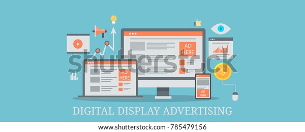Digital display\
advertising, Internet marketing, Cross-device marketing flat vector\
banner with icons