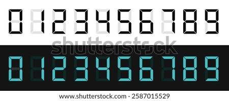 Digital display of black numbers in seven-segment style, including scoreboard, clock, stopwatch, calculator, and electronic meter icons.