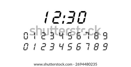 Digital display of black numbers in seven-segment style, including scoreboard, clock, stopwatch, calculator, and electronic meter icons.
