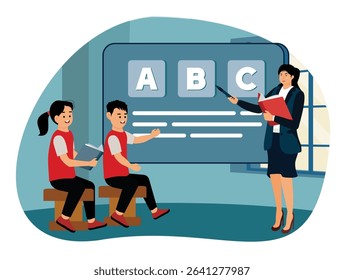Digital display concept. A teacher instructs students in a classroom setting, showcasing the alphabet on a board during an engaging lesson.