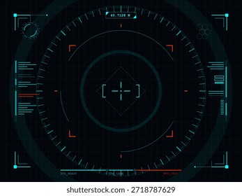 Die digitale Anzeige enthält eine runde Zielschnittstelle mit Koordinaten und verschiedenen Datenpunkten. Das Design verwendet einen dunklen Hintergrund mit hellen Linien und Markierungen.