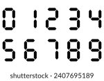 Digital display of digits. Icon set. Black numbers, numerals. Scoreboard, clock, stopwatch, calculator, electronic meter. Seven segment. Vector image