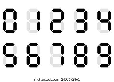 Digital display of digits. Icon set. Black numbers, numerals. Scoreboard, clock, stopwatch, calculator, electronic meter. Seven segment. Vector image