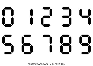 Digital display of digits. Icon set. Black numbers, numerals. Scoreboard, clock, stopwatch, calculator, electronic meter. Seven segment. Vector image