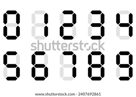 Digital display of digits. Icon set. Black numbers, numerals. Scoreboard, clock, stopwatch, calculator, electronic meter. Seven segment. Vector image