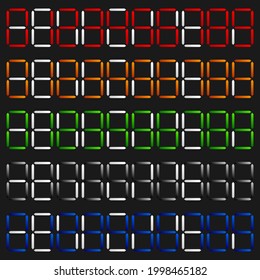 Digital display of digits, numbers, numberals. Scoreboard, digital clock, stopwatch numbers