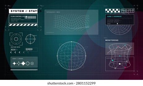 A digital display features various graphs and control panels used for monitoring system performance and analyzing data flow. The tools are set against a dark background.