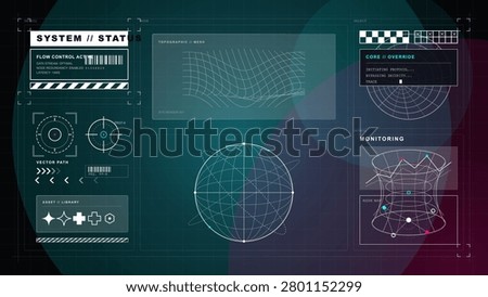 A digital display features various graphs and control panels used for monitoring system performance and analyzing data flow. The tools are set against a dark background.