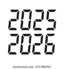 Una pantalla digital con los años 2025 y 2026. Los números se presentan en un estilo segmentado, comúnmente utilizado en relojes y pantallas digitales. El fondo es blanco liso, asegurando que los dígitos negros destaquen claramente.