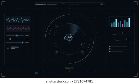Ein digitales Display mit Schwerpunkt Cloud-Sicherheit. Diagramme und Metriken sind sichtbar, zusammen mit Schallwellen und Datenfeldern. Das Design betont die Cybersicherheit.