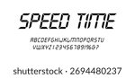 Digital Display Font with Alarm Clock Letters, Electronic Alphabet, Retro Calculator Symbols, LCD Monitor Characters, and Scoreboard Digits. Vector EPS 10
