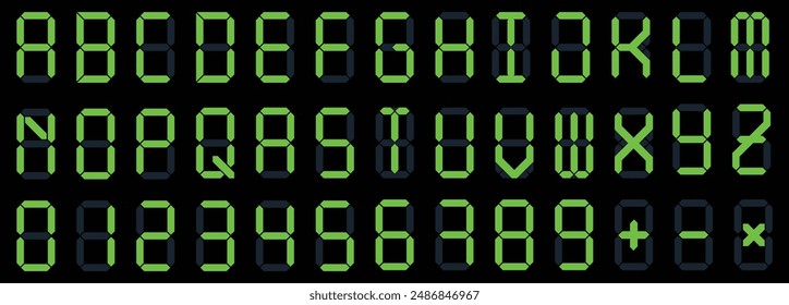 Digital display font. Alarm clock letters and numbers, electronic alphabet and retro calculator screen symbols vector set.