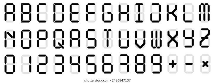 Digital display font. Alarm clock letters and numbers, electronic alphabet and retro calculator screen symbols vector set. Letters set for a digital watch and other electronic devices.