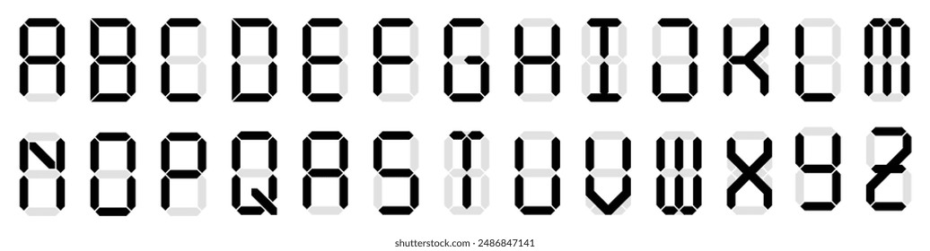 Fuente de pantalla digital. Letras y números de despertador, alfabeto electrónico y Vector de pantalla de calculadora retro. Juego de letras para un reloj digital y otros dispositivos electrónicos.