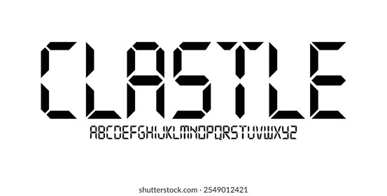 Digital display font. Alarm clock letters and numbers, electronic alphabet and retro calculator screen symbols vector set. Letters set for a digital watch and other electronic devices.
