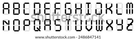Digital display font. Alarm clock letters and numbers, electronic alphabet and retro calculator screen symbols vector set. Letters set for a digital watch and other electronic devices.