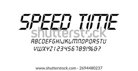 Digital Display Font with Alarm Clock Letters, Electronic Alphabet, Retro Calculator Symbols, LCD Monitor Characters, and Scoreboard Digits. Vector EPS 10
