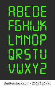 Digital display font a to z characters. Electronic alphabet for LCD monitor
