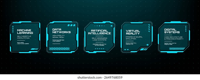Tela digital com caixas de texto hud futurista contendo vários conceitos tecnológicos. Conjunto de elementos da interface do usuário moderna para visualização de dados.