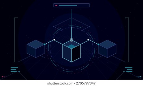 A digital display illustrates the concept of blockchain technology with three interconnected cubes, emphasizing nodes and data transfer in a modern technology context.