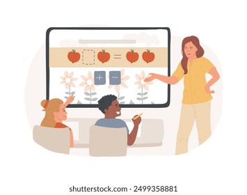 Digitale Anzeige, einzelne Cartoon-Vektorgrafiken. Lehrer mit Kindern in virtuellen Klassenzimmern, intelligente Klassen, Videokonferenzen, Remote-Lernprozess, Bildungs-Software, Vektorgrafik.