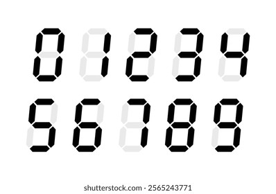 Digital display Monochrome digits digital numbers symbol Icon set. Black numbers, numerals. Clock, Stopwatch, Scoreboard, Calculator, electronic meter. Seven segment. Vector illustration