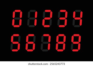 Digital display Monochrome digits digital numbers symbol Icon set. Red numbers, numerals. Clock, Stopwatch, Scoreboard, Calculator, electronic meter. Seven segment. Vector illustration