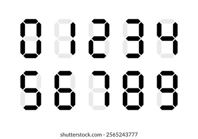 Digital display Monochrome digits digital numbers symbol Icon set. Black numbers, numerals. Clock, Stopwatch, Scoreboard, Calculator, electronic meter. Seven segment. Vector illustration