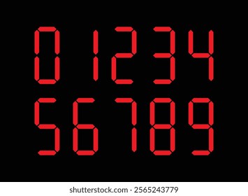 Digital display Monochrome digits digital numbers symbol Icon set. Red numbers, numerals. Clock, Stopwatch, Scoreboard, Calculator, electronic meter. Seven segment. Vector illustration