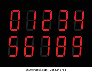 Digital display Monochrome digits digital numbers symbol Icon set. Red numbers, numerals. Clock, Stopwatch, Scoreboard, Calculator, electronic meter. Seven segment. Vector illustration