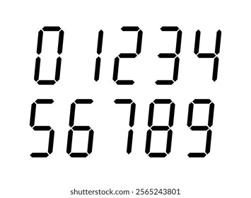 Digital display Monochrome digits digital numbers symbol Icon set. Black numbers, numerals. Clock, Stopwatch, Scoreboard, Calculator, electronic meter. Seven segment. Vector illustration