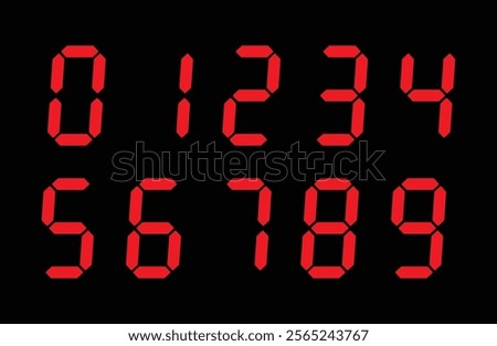 Digital display Monochrome digits digital numbers symbol Icon set. Red numbers, numerals. Clock, Stopwatch, Scoreboard, Calculator, electronic meter. Seven segment. Vector illustration