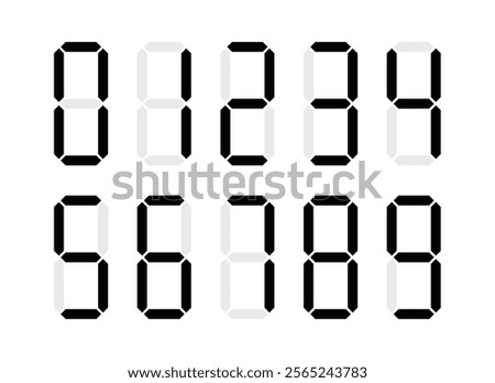 Digital display Monochrome digits digital numbers symbol Icon set. Black numbers, numerals. Clock, Stopwatch, Scoreboard, Calculator, electronic meter. Seven segment. Vector illustration