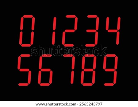 Digital display Monochrome digits digital numbers symbol Icon set. Red numbers, numerals. Clock, Stopwatch, Scoreboard, Calculator, electronic meter. Seven segment. Vector illustration