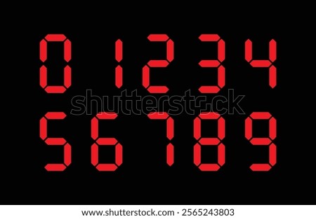 Digital display Monochrome digits digital numbers symbol Icon set. Red numbers, numerals. Clock, Stopwatch, Scoreboard, Calculator, electronic meter. Seven segment. Vector illustration