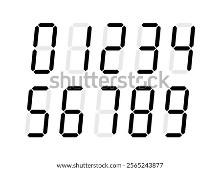 Digital display Monochrome digits digital numbers symbol Icon set. Black numbers, numerals. Clock, Stopwatch, Scoreboard, Calculator, electronic meter. Seven segment. Vector illustration
