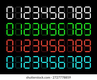 Números de visualización digital en colores blanco, azul, verde y rojo.  Dígitos Electrónicas de 0 a 9 para despertador o pantalla LCD. 