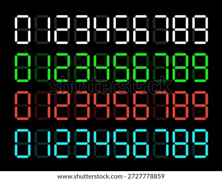 Digital display numbers set in white, blue, green and red colors.  Electronic digits from 0 to 9 for alarm clock or LCD monitor screen. 
