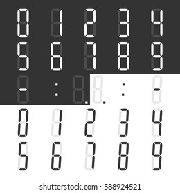 Digital Display Numbers And Symbols Set For Calculator Or Clock. Regular And Italic Styles. Flat Design. Vector Illustration. EPS 8, No Transparency