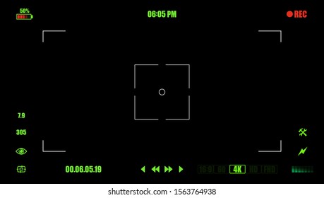 Digital display photo or video camera viewfinder grid with shooting settings on screen: AF dot, time indicator, recording label, battery, crosshair. Modern focusing screen. Video recording screen.