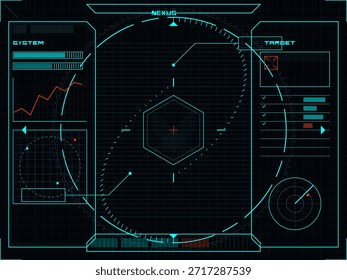 Um monitor digital apresenta dados sobre o desempenho do sistema e o rastreamento do alvo. As informações incluem gráficos, indicadores e medidas. O layout é organizado para uma compreensão clara.
