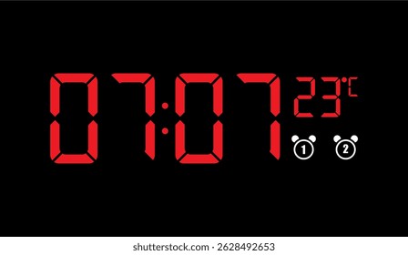 Digital Display Revealing 07:07 at 23 Degrees Celsius with Alarm Icons in Vibrant Red and Black for Modern Timekeeping Visuals on Electronic Devices