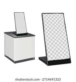 Conjunto de pantalla digital. Maqueta de Vector 3D realista. Quioscos digitales de autoservicio con pantalla táctil. Maqueta. Soportes de monitor de pantalla plana LCD inclinados de piso y mesa. Plantilla para el diseño