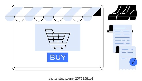 Digital display with a shopping cart icon, a Buy button, and an electronic receipt with a pair of shoes. Ideal for ecommerce, online retail, digital transactions, shopping, and electronic purchases