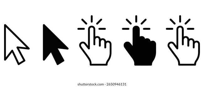 A digital display showcases various mouse pointer symbols and a clicking finger, rendered in black and white. Icons are isolated on transparent background.