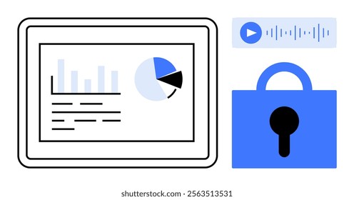 Digital display showing a bar graph and pie chart. Beside it, a blue lock symbolizes security. Above the lock is a play button with audio waveforms. Ideal for digital security, data analysis