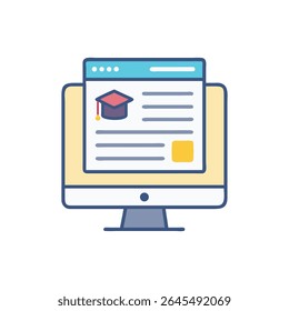 Digital display showing a graduation cap and document in a flat style. Representing web-based education and online learning resources.