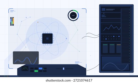 Una pantalla digital muestra un átomo y gráficos en un entorno tecnológico. Los datos y las técnicas de análisis son visibles en las pantallas. Varios componentes indican el uso de la tecnología.